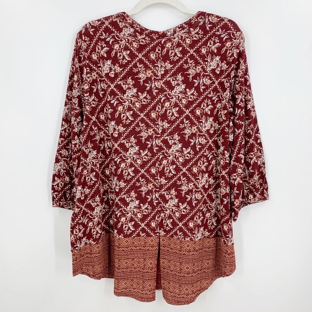Lucky Brand Floral Border Print Boho Pop Over Top in Burgundy Sz 1X - Picture 2 of 10